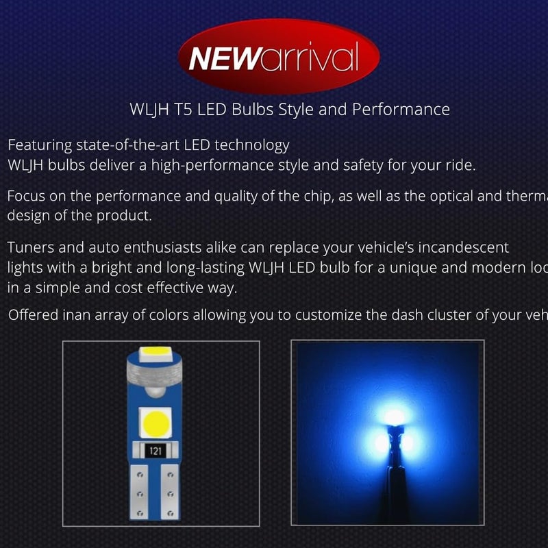 WLJH 6 Pack Ice Blue t5 74 73 37 Instrument Panel Light Bulb 3030 SMD 1.5W Replacement for Car Interior Dome License Plate Lights Lamp - Image 2